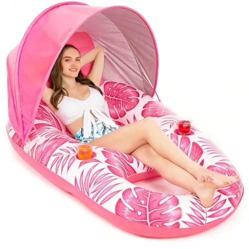 Jasonwell Pool Float with Canopy - Inflatable Pool Floaties Adult Lounger Floats Raft Floating Chair with Cup Holders for Swimming Pool Lake Water Lounge Float Beach Pool Party Toys for Adults (Rose)