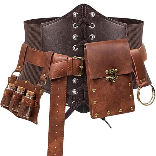 SUMGOGO 5PCS Corset Renaissance Belt Medieval Renaissance Belt Pouch Cork Potion Bottle Festival Halloween Costume Accessory (Vials-Brown, M-Waist/31.5"-38")