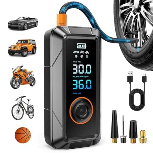 Tire Inflator Portable Air Compressor, Cordless & 12V DC Air Inflator for Car Bikes MotorcycleTires Balls with Auto Shut-Off, Digital Pressure Gauge, Compact Emergency Pump