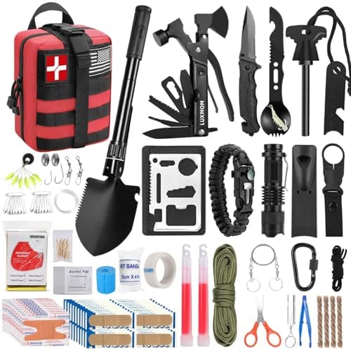 LUXMOM Gifts for Men Dad Christmas, Survival Kit and First Aid Kit, 142 Pcs Survival Gear and Equipment with Molle Pouch, Camping Essentials for Men Outdoor Adventure