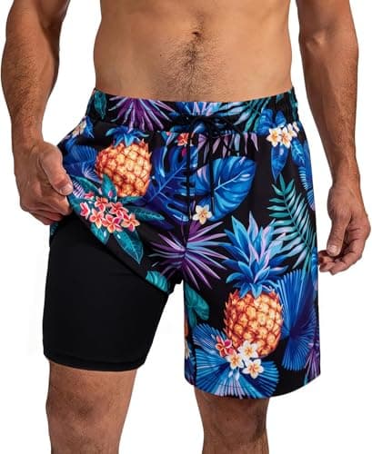 XiaoMoSha Men's Swim Trunks with Compression Liner 7 Inch Lightweight Hawaii Palm Print Bathing Suits with Pockets Beach Shorts Quick Dry Sports Summer Swimwear for Men Pool Outfits Leaf Blue M