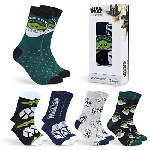 Disney Crew Socks for Men & Teens US Size 7–11, Pack of 5 Casual Socks, Star Wars Baby Yoda Monsters Inc, Cozy Gifts for Men (Green Baby Yoda)