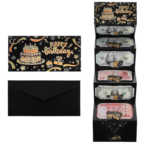 Nogeqi Birthday Money Envelopes for Cash, Birthday Money Holder with 6 Slots, Multi-Fold Birthdays Gift Card for Men Women Girls Boys, MoneyGift Ideas(Black Gold)