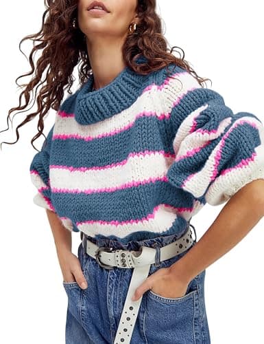 Yeokou Women Stripe Pullover Sweater Turtleneck Ribbed Knit Top Casual Fall Winter Chunky Knitwear (Blue-XS)