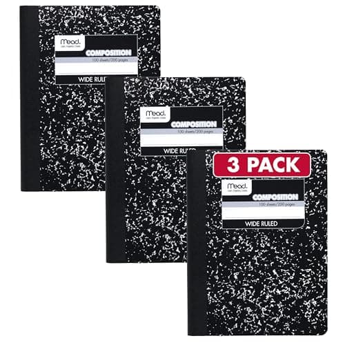 Mead Composition Notebook, Wide Ruled Paper, 7.5" x 9.75", 100 Sheets, Black Marble, 3 Pack (38301)