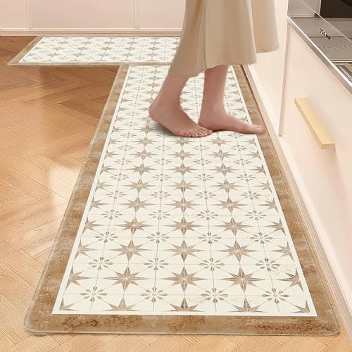 Dintszyayue Kitchen Rugs Sets of 2 Boho Ceramic Anti Fatigue Non Slip Memory Foam Mats for Floor for Laundry Desk Bar Khaki 17"X30"+17"X59"