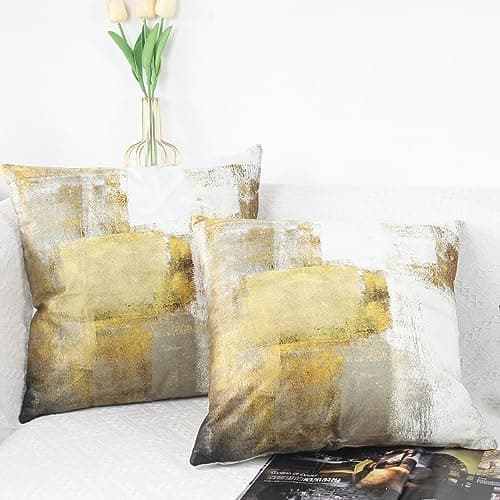 OYIMUA Mustard Yellow Decorative Pillow Covers 18x18 Set of 2 Modern Aesthetic Abstract Velvet Couch Throw Pillow Cover Standard Square Accent Farmhouse Pillow Cases for Sofa Living Room