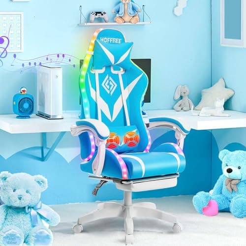 HOFFREE Gaming Chair Massage with Bluetooth Speakers and Led Lights Ergonomic Computer Gaming Chair with Footrest Cute Video Game Chair for Gaming Room Light Blue and White