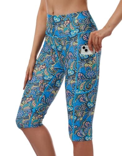 Cagola Womens Swim Capris Swim Pants Knee Length Long Swim Shorts UPF50+ Capri Swimsuits High Waisted Tummy Control Quick Dry Blue Paisley XX-Large