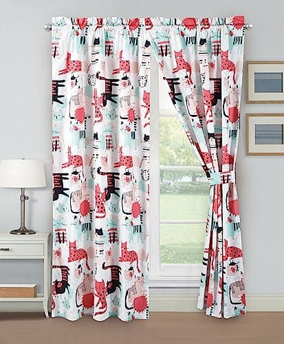 Chezmoi Collection 4-Piece Kids/Teens Cartoon Cats Window Curtain Set - Soft Microfiber Blue Pink Black White Whimsical Cute Cat Children Bedroom Curtains, 2-Panels (42" W x 84" L)