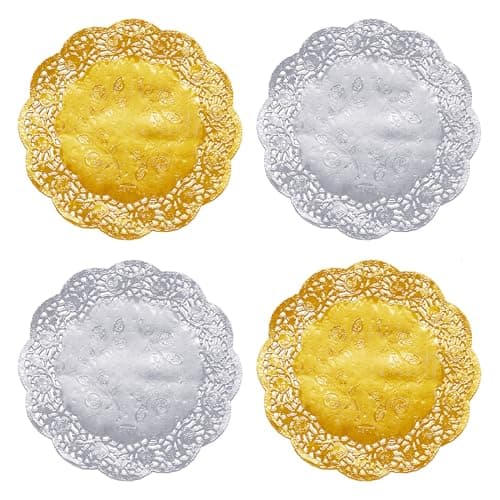 Jagrove Paper Doilies 50 Pack 6.5 Inch Gold & Silver Lace Doilies Paper Decorative Disposable Round Paper Placemats Bulk for Cake Dessert Craft Wedding Birthday Party Tableware Decorations