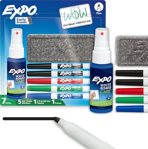 EXPO Dry Erase Markers Kit, Fine Tip, Assorted Colors, Eraser, Spray Cleaner, 7 Count