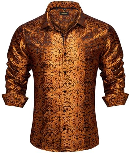 DiBanGu Mens Dress Shirt Silk Paisley Long Sleeve Button Down Shirt for Men with Collar Pin Brooch Causal Shirt Wedding Party,Gold-2,3X-Large