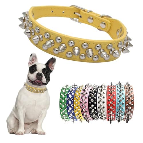 Yellow Spiked Dog Collar for Large Dogs,Mushroom Rivet Spike Puppy Collars Girls Boys Leather Studded Cat Collar Metal Buckle Durable Training for XXS XS Small Medium Large Terrier Breed,L