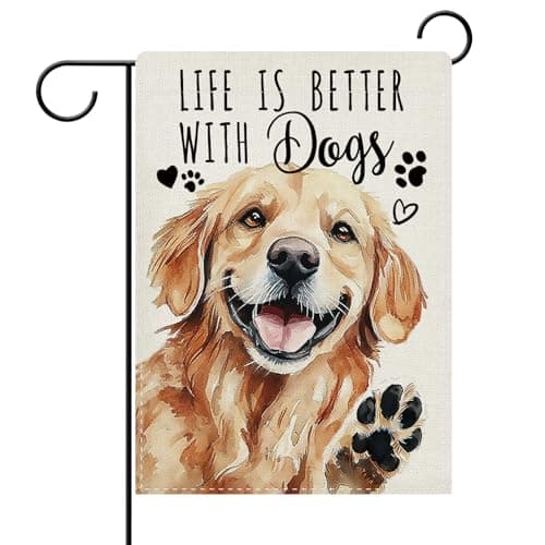 Dyrenson Life Is Better With Dogs Decorative Garden Flag, Golden Retriever Yard Outside Home Decoration Pet Owner Lover Gift, Paw Prints Burlap Outdoor Small Decor Double Sided 12 x 18