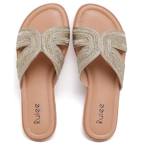 Ruiee Womens Wide Width Flat Slide Sandals. 250778 Gold 7