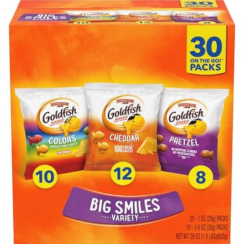 Goldfish Crackers Big Smiles Variety Pack with Cheddar, Colors, and Pretzels, Snack Packs, 30 Ct