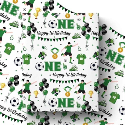 Pineraap Soccer 1st Birthday Wrapping Paper Roll for Boy, Soccer Ball Age One Gift Wrap Paper, Green Sports 1 Year Old Gift Art Packing Paper for Baby Shower First Birthday Party, 17Inch x 16.5Feet
