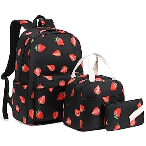 Mimfutu School Backpack for Teen Girls, 3-in-1 Kids Backpack Bookbag Set School Bags with Lunch Box Pencil Case, Strawberry, L, Schoolbag Set