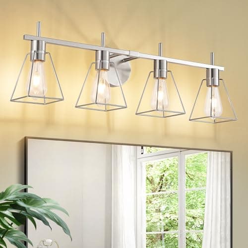 FonmYim Farmhouse Bathroom Vanity Light Fixtures Over Mirror, Brushed Nickel 4-Light Wall Sconce with Metal Cage, E26 Socket (Bulbs Not Included)