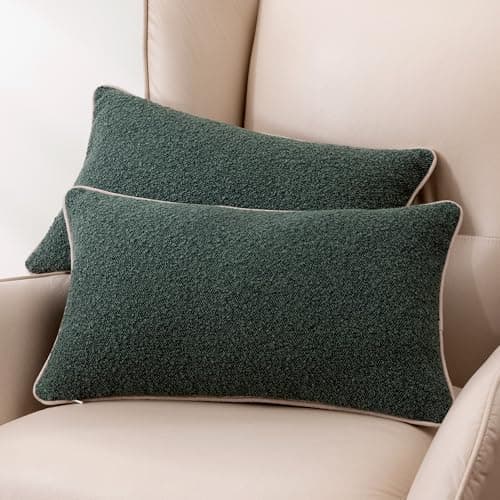 Amazon Basics Boucle Lumbar Throw Pillow Covers for Couch, Living Room, Home Decor with Hidden Zipper, Green, 12×20in, Pack of 2