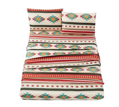Chezmoi Collection Prescott 3-Piece Southwestern Microfiber Sheet Set, Printed Geometric Tribal Multicolor Cream Red Teal Orange Bed Sheets, Twin Size