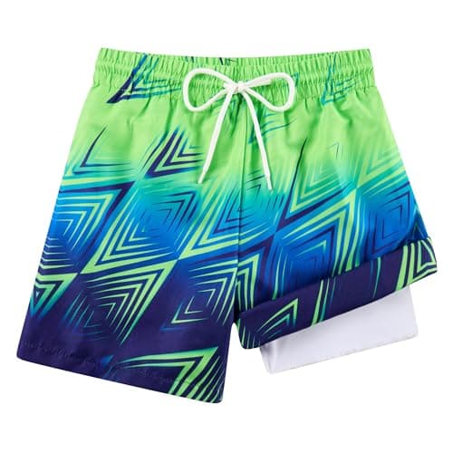 Cozople Boys Swim Trunks for Teen Boys Neon Green Navy Swirl Print Adjustable Waist Swimwear Summer Outdoor Sports Size 12