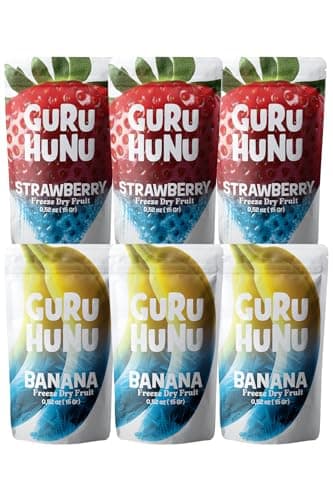 GURU HUNU Freeze Dried Strawberry & Banana Mix, 6 Individual Packs, Crispy Fruit Snack, No Sugar Added, 100% Real Fruit, Strawberry Banana Snack for Kids Lunchbox, Yogurt, Oatmeal & Smoothies | 6-Pack Combo (6.34oz)