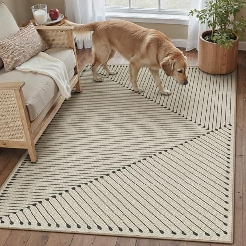 HUGEAR 3'x5' Outdoor Rug Black Geometric Waterproof Patio Rugs Linen-Look Modern Area Rug Outside Floor Mat for Camping RV Deck Porch Balcony Backyard Beach Picnic Carpet Decor