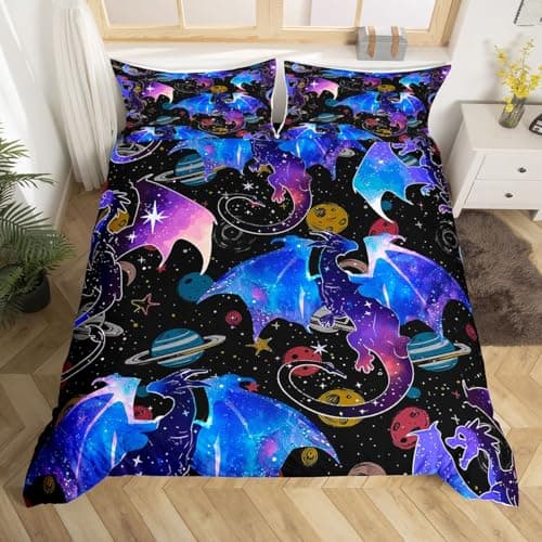 Feelyou Galaxy Dragon Bedding Set Outer Space Starry Sky Duvet Cover Set for Kids Boys Girls Jungle Animals Dragon Comforter Cover Colorful Decor Quilt Cover Bedroom Collection 3Pcs Full Size