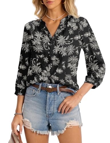 LOMON Womens Tops 3/4 Sleeve Henley V Neck T-Shirts for Women Button Down Pleated Women's Blouses, XXL