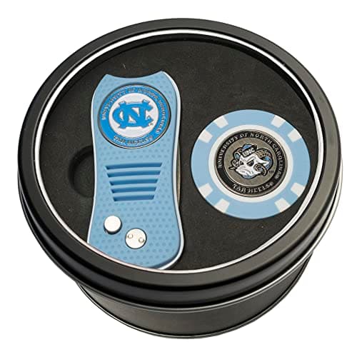 Team Golf NCAA North Carolina Tar Heels Tin Gift Set with Retractable Divot Tool and Golf Chip Gift Set & Chip, Includes 2 Double-Sided Enamel Ball Markers, Patented Design, Less Damage to Greens