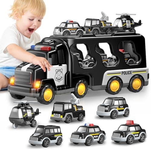 Beby Buty 7 in 1 Police Trucks Cars Toys for Toddlers 3-5, Boy Toddler Car Truck Toys with Light Sound, Birthday Gifts Toys for 3 4 5 6 Year Old Boy, Transport Carrier Truck for Toddlers 3-5 Years