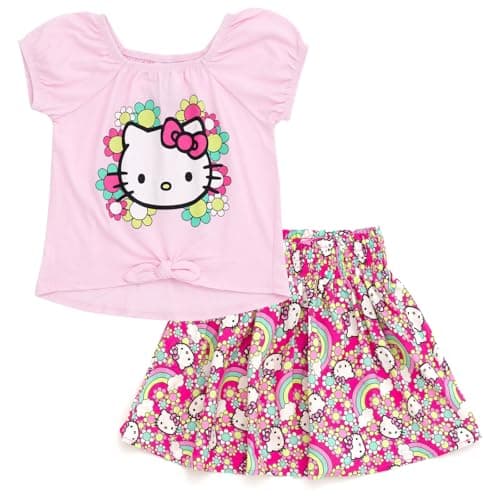 Hello Kitty Big Girls Square Neck T-Shirt and Skirt Outfit Set Pink 10-12