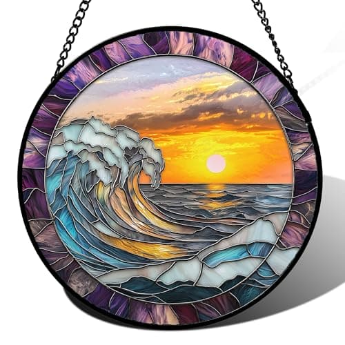 JOSUMALY Stained Glass Window Hanging - Orange-Red Sunrise with Big Waves Suncatcher for Door Terrace Garden Home Decor, Purple Sun Catcher Birthday Gifts for Lovers Women Men Dad Mom Nana 11.8 in