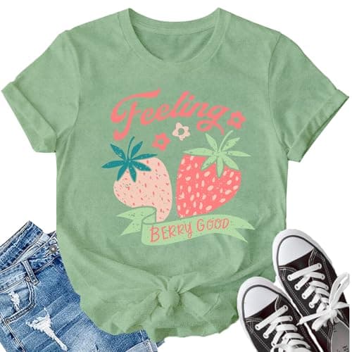 LBP Womens Feeling Berry Good Strawberry Shirt Cute Fruit Short Sleeve Tee