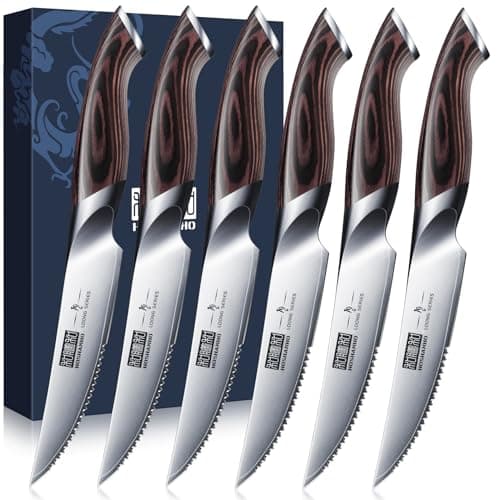 HOSHANHO Steak Knives Set of 6, Ultra Sharp 4.5 In Serrated Steak Knife Set
