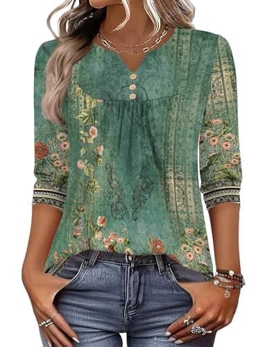 LOMON Blouses for Women Dressy Casual 3/4 Length Sleeve Womens Summer Tops Loose Fit V Neck Tee Shirts Business Casual Pullover (Army Green Green Floral,L)