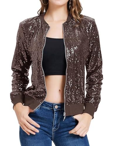 KANCY KOLE Womens Brown Sequin Jacket with Pockets Casual Long Sleeve Front Zip Party Bomber Blazer(Brown,XL)