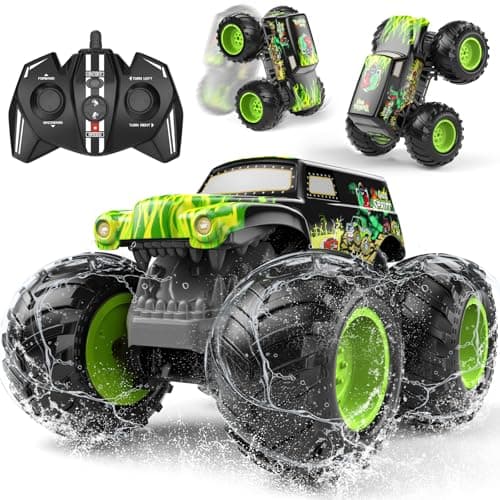 LAZZAROU Amphibious Remote Control Monster Truck for Kids, Self-Balancing 4WD Stunt RC Truck with Wheelie Action, Waterproof All-Terrain Off-Road Big Tire Toy Car for Boys Girls Ages 6–12, Pool Gift