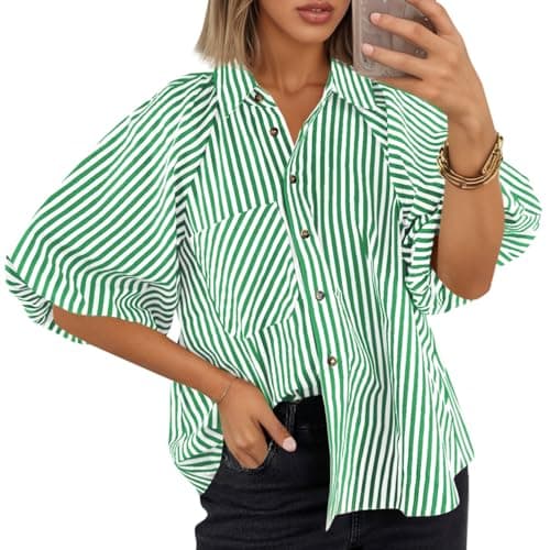 Tankaneo Womens Short Puff Sleeve Button Down Shirts Striped Trendy Casual Loose Fit Blouse V Neck Collared Tops Green