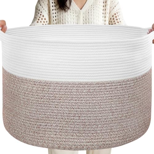 90L Extra Large Blanket Basket for Living Room - Cotton Rope Laundry Hamper Woven Baskets XXL Storage Bin with Handles for Dirty Clothes, Kids, Pets, Toys, Bedroom, 23'' x 23'' x 13'', White & Brown