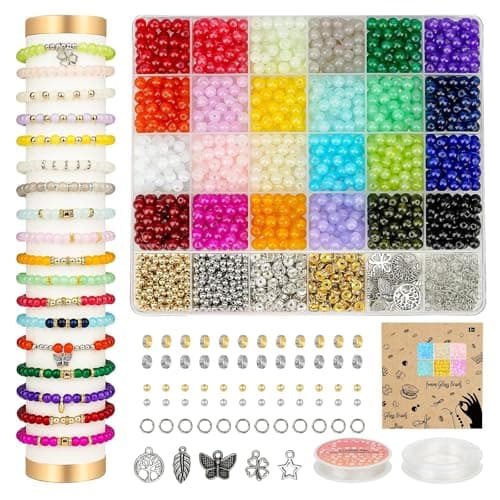 Sistenia 1400pcs Glass Beads 6mm Bracelet Making Kit, 24 Colors Crystal Beads for Jewelry Making Round Beads DIY Crafts with Spacer Beads Charms Accessories