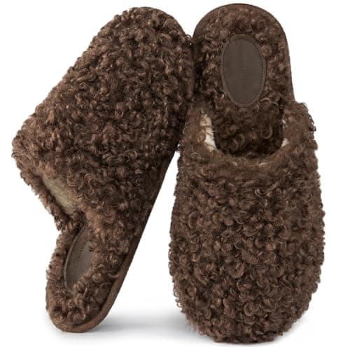 Snug Leaves Women's Scuff Slippers Furry Cute Curly Faux Wool Slip-on Indoor Memory Foam House Shoes Nutty Mocha, 11-12 US