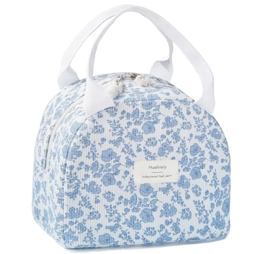 Hualinsyi Cute lunch bag，Lunch Box for Women，Blue floral lunch box,large Reusable Insulated Large Capacity Cooler Bag for Adult Aesthetic flower Corduroy Lunch Tote for Work Office, Picnic or Travel