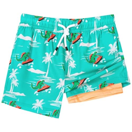 SURF CUZ Boys Swim Trunks with Boxer Brief Liner 2 in 1 Toddler Stretch Swimsuit Shorts Quick Dry Swimming Bathing Suit,Surfing Dinosaur,8