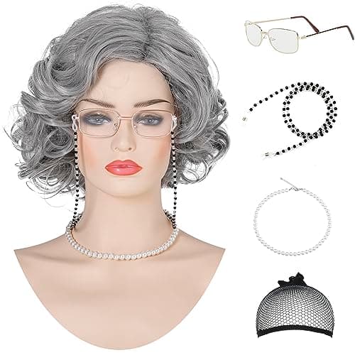 AMZCOS Old Lady Costume Wig Set, Short Curly Gray Grandma Wig