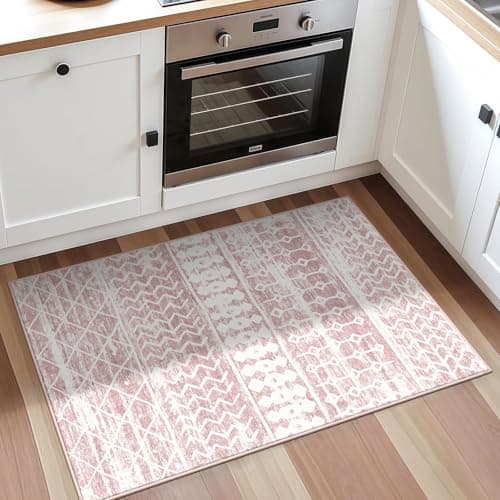 Washable 2x3 Small Area Rug, Modern Boho Pink Non-Slip Entryway Door Mat