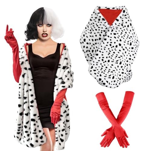 Apragaz 2 pcs Halloween Costume for Women, Dalmatian Shawl with 1920s Red Gloves, Black and White Faux Dalmatian Scarf for Halloween Cosplay Party