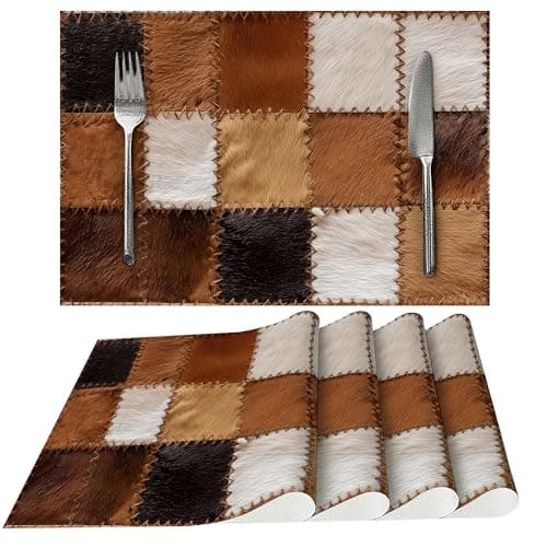 Cowhide Placemats Set of 4 Washable Table Place Mats for Dining Kitchen Party Decor